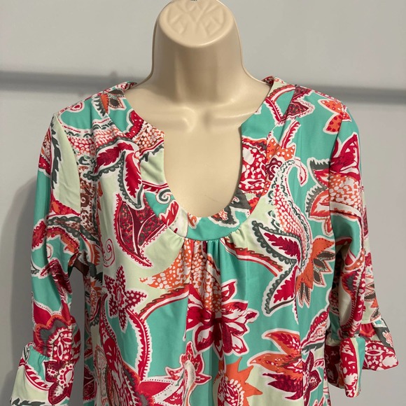 Aryeh Red Green Floral Mosaic Ruffle Bell Sleeve Sheath Scuba Dress Medium - Picture 4 of 11